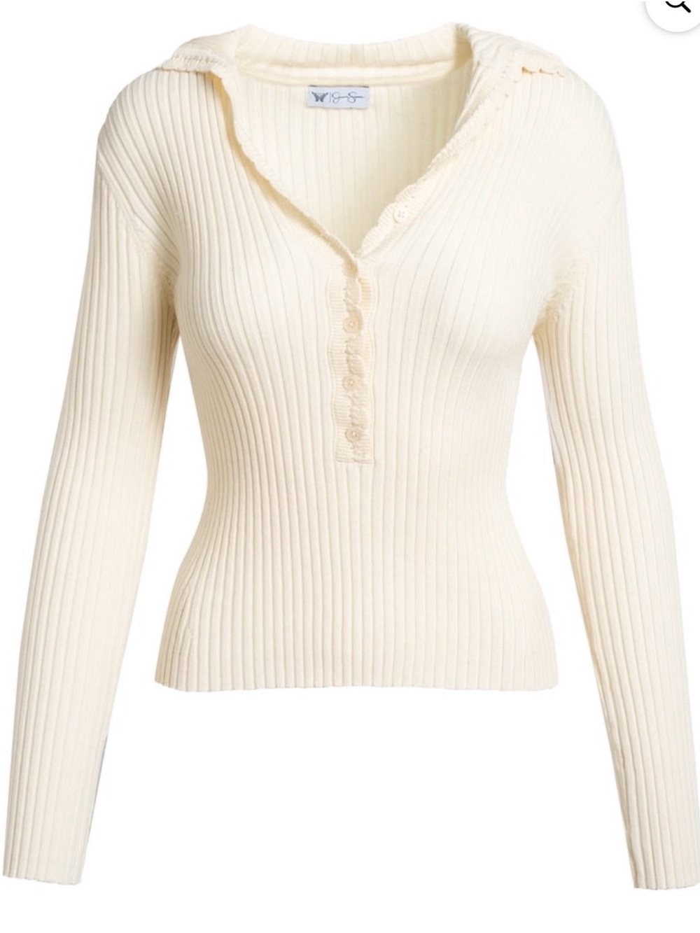 Jessica Simpson Cream Ribbed V‑Neck Polo Long Sleeve Top